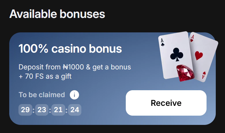 Screenshot of 1win’s bonuses page, casino bonus card