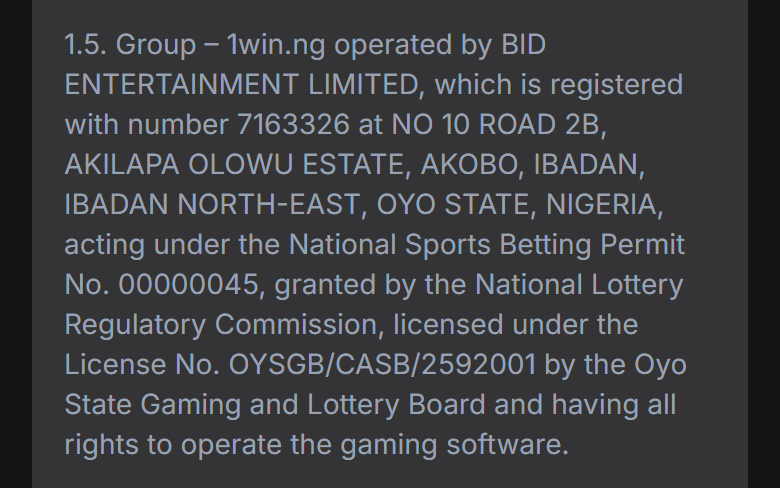 Screenshot of 1win’s general terms page, clause 1.5