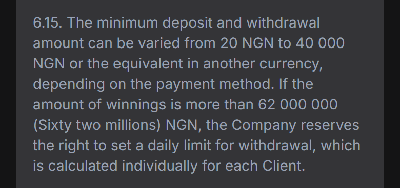Screenshot of 1win’s general terms page, clause 6.15