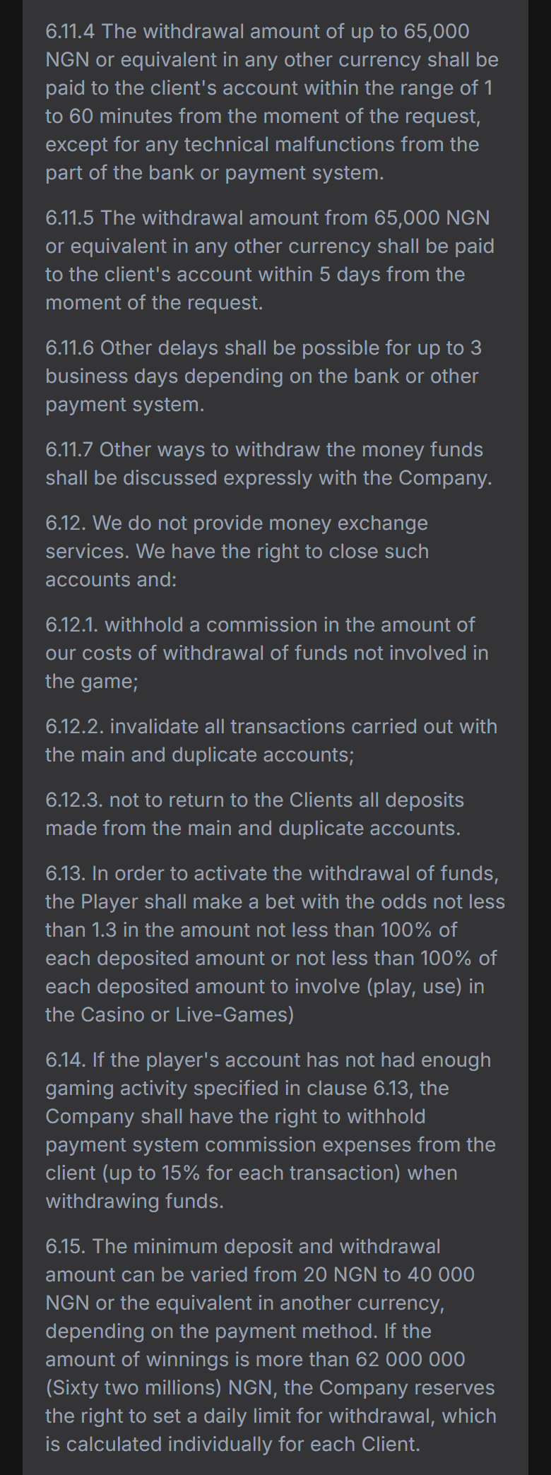 Screenshot of 1win’s general terms page, clauses 6.11.4 to 6.15