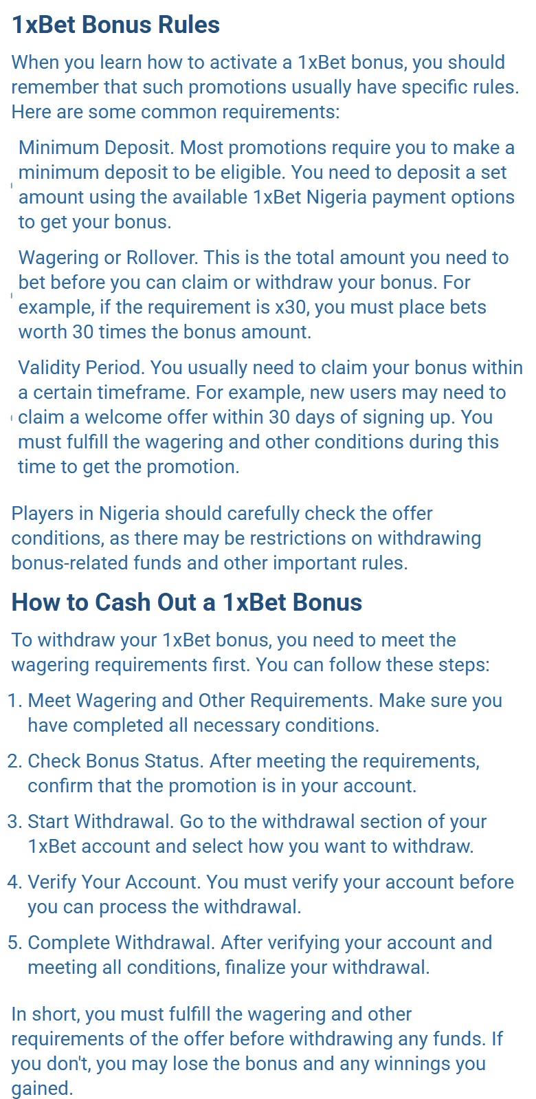 Screenshot of 1xBet’s bonus guide page, general bonus rules