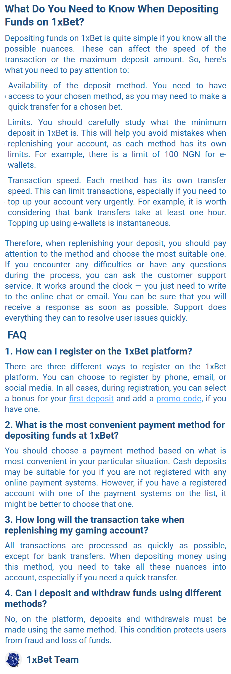 Screenshot of 1xBet’s deposit guide page