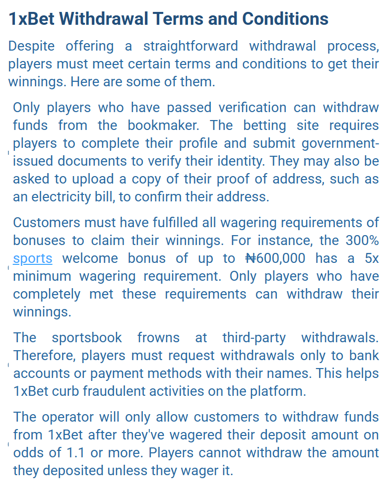 Screenshot of 1xBet’s withdrawal guide page