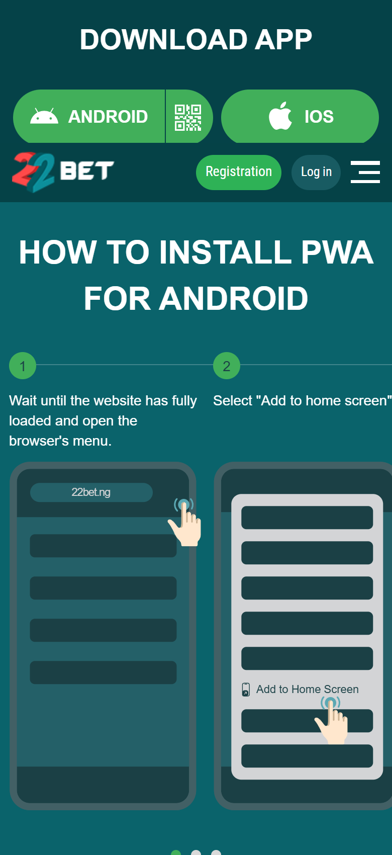 Screenshot of 22Bet’s mobile app page, download buttons and Android install steps