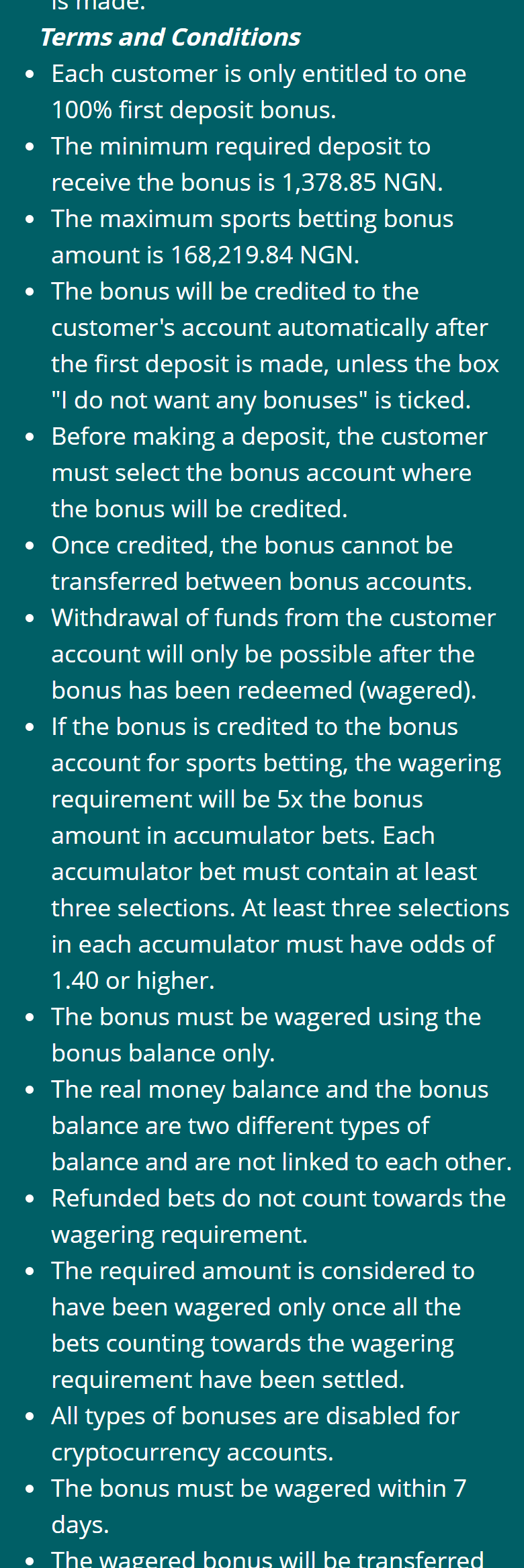 Screenshot of 22Bet’s sports first-deposit bonus rules page