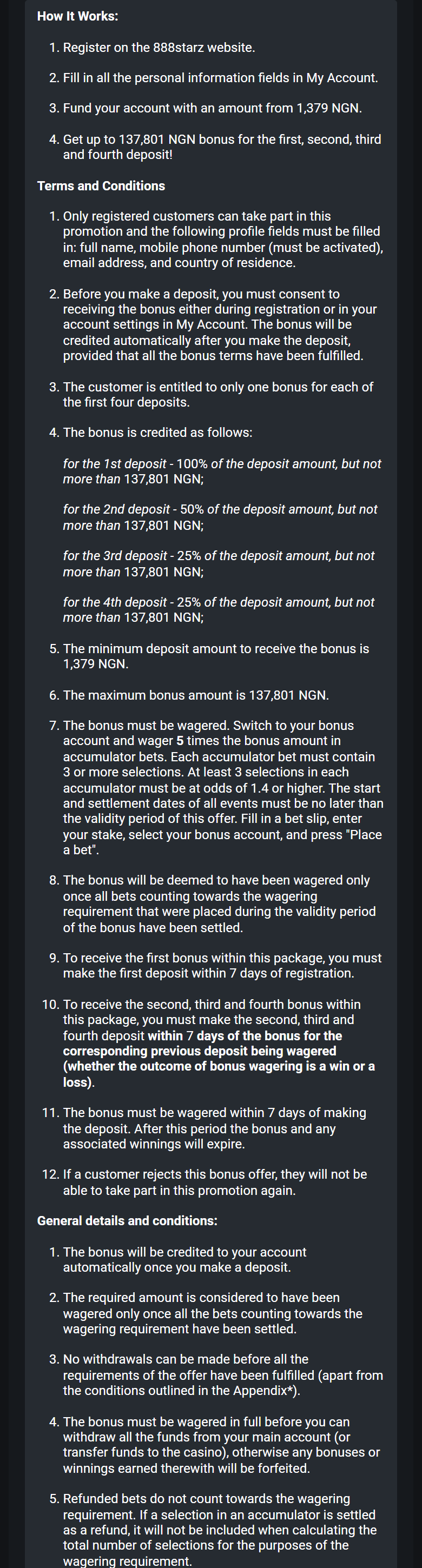 Screenshot of 888Starz’s sports welcome package rules page