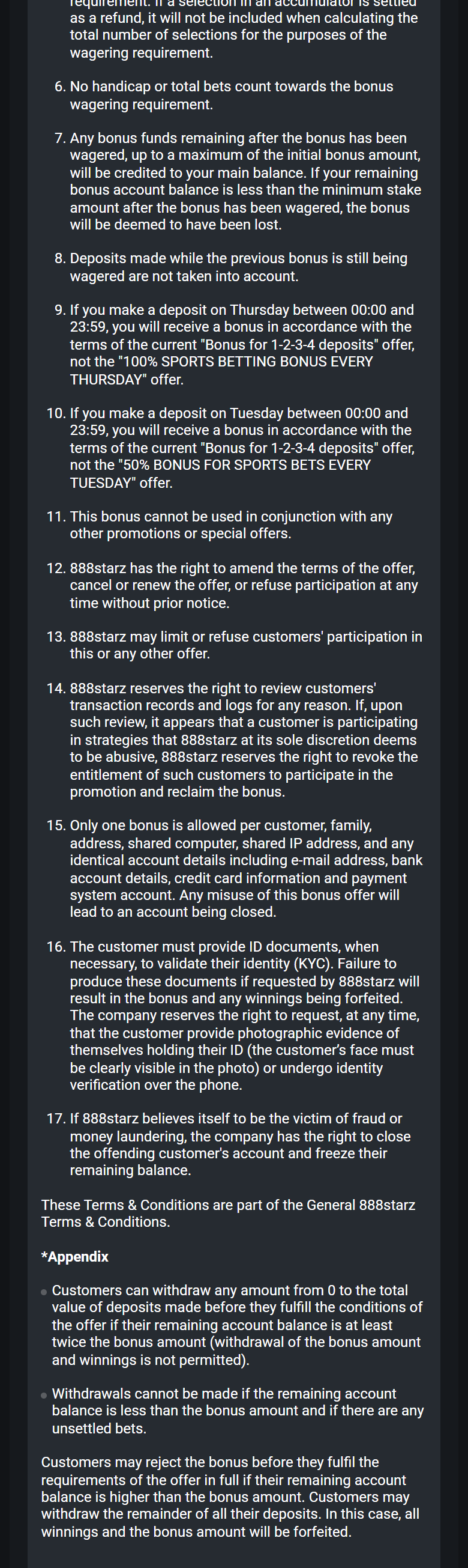 Screenshot of 888Starz’s sports welcome package rules page, general conditions and appendix