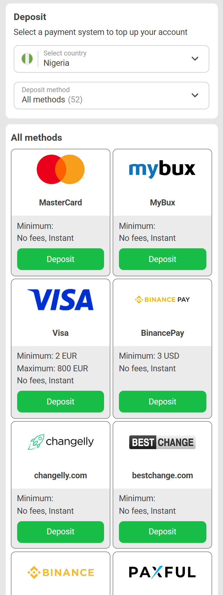 Screenshot of 888Starz’s payment methods page, deposit list for Nigeria