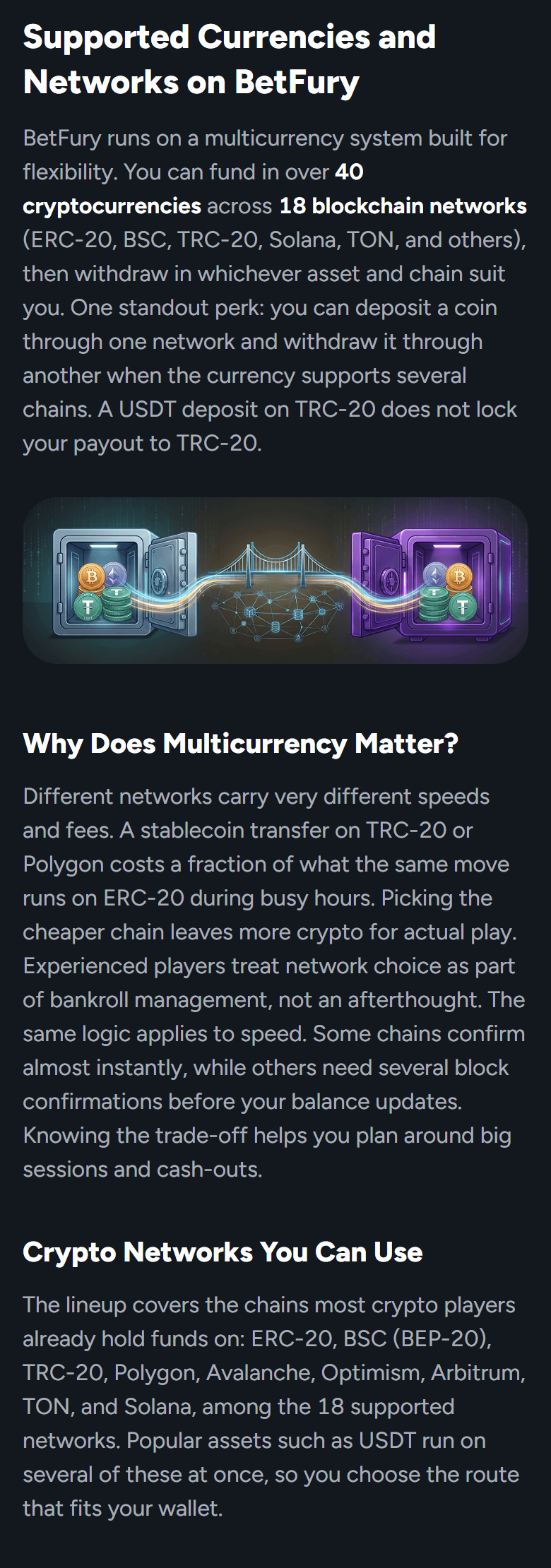 Screenshot of BetFury’s deposit and withdrawal guide, supported currencies and networks