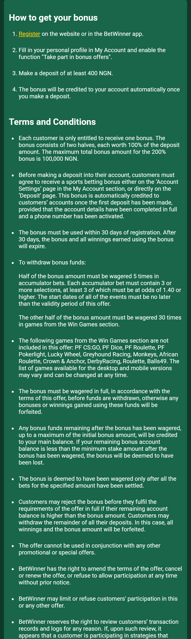 Screenshot of BetWinner’s sports first-deposit bonus rules page