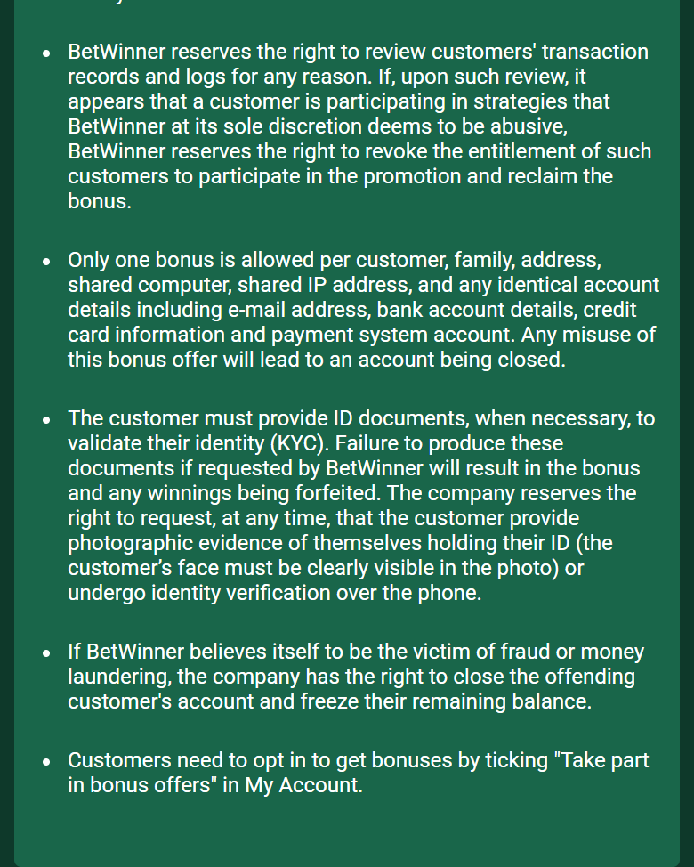 Screenshot of BetWinner’s sports first-deposit bonus rules page, closing conditions