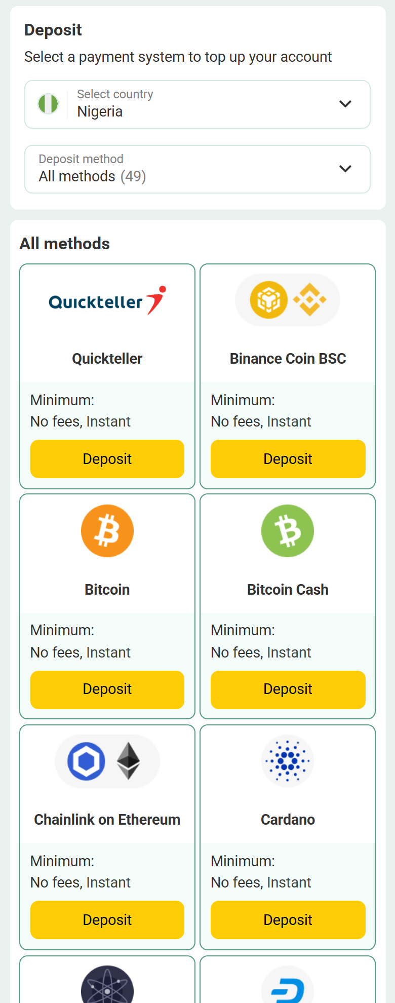 Screenshot of BetWinner’s payment methods page, deposit list for Nigeria