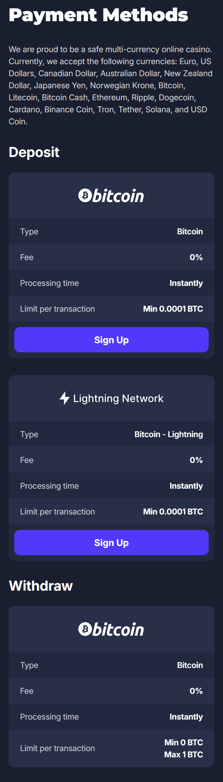 Screenshot of BitStarz’s payment methods page, Bitcoin deposits and withdrawals