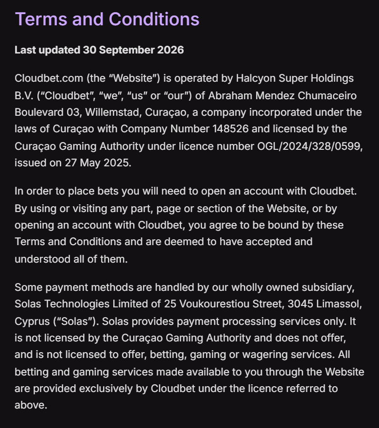 Screenshot of Cloudbet’s terms and conditions page, opening paragraphs