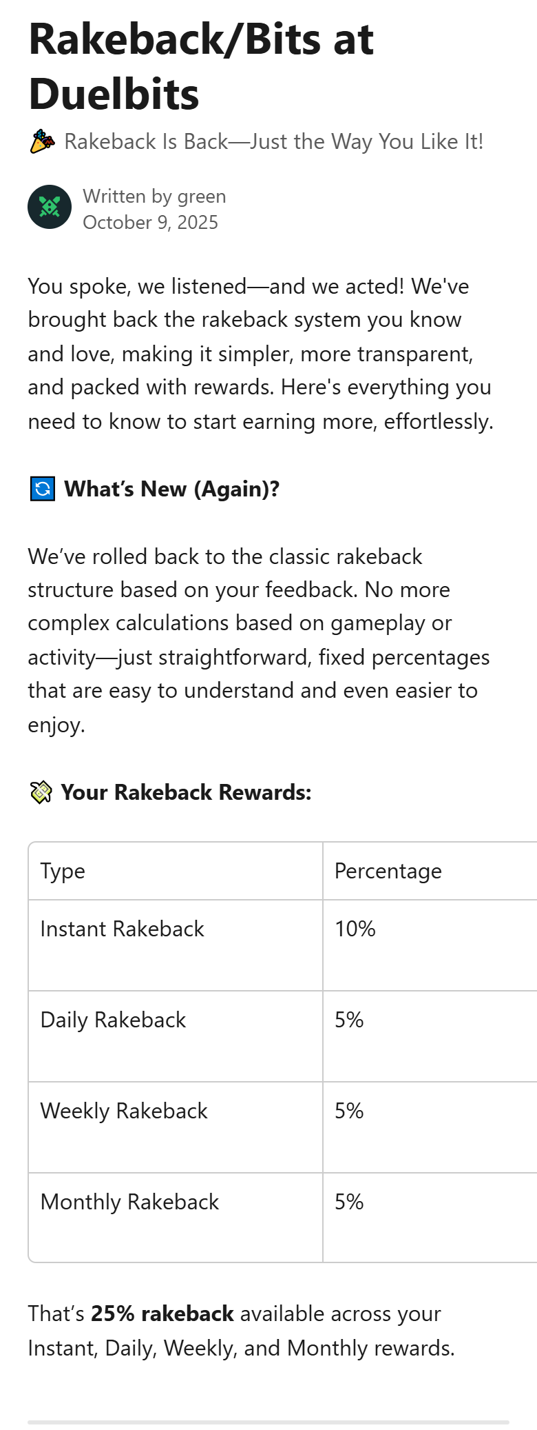 Screenshot of Duelbits’ help article on rakeback