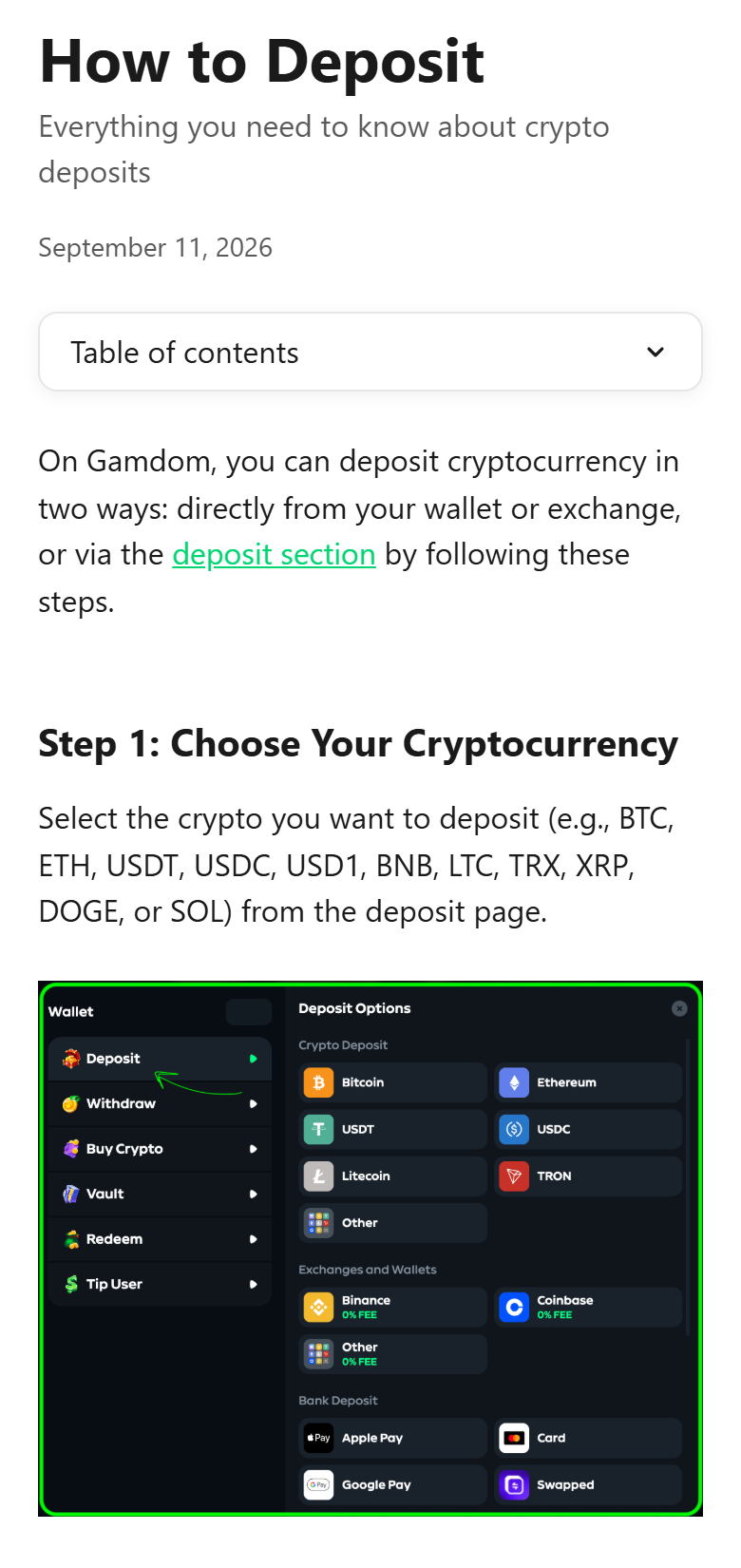 Screenshot of Gamdom’s help article on deposits