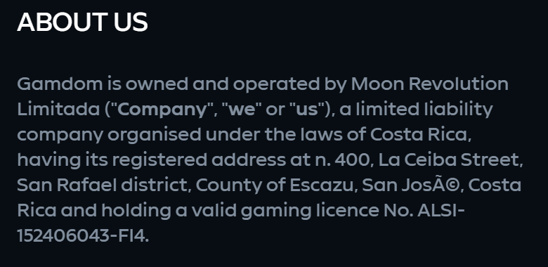 Screenshot of Gamdom’s terms page, About us