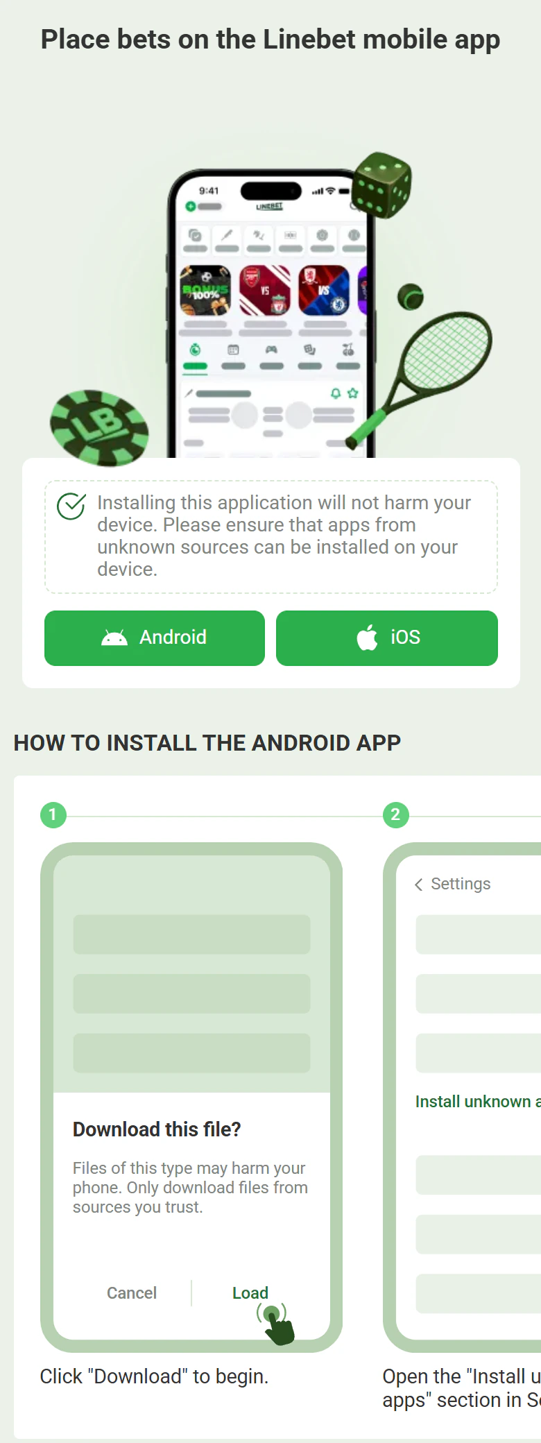 Screenshot of Linebet’s mobile app page, download buttons and Android install steps