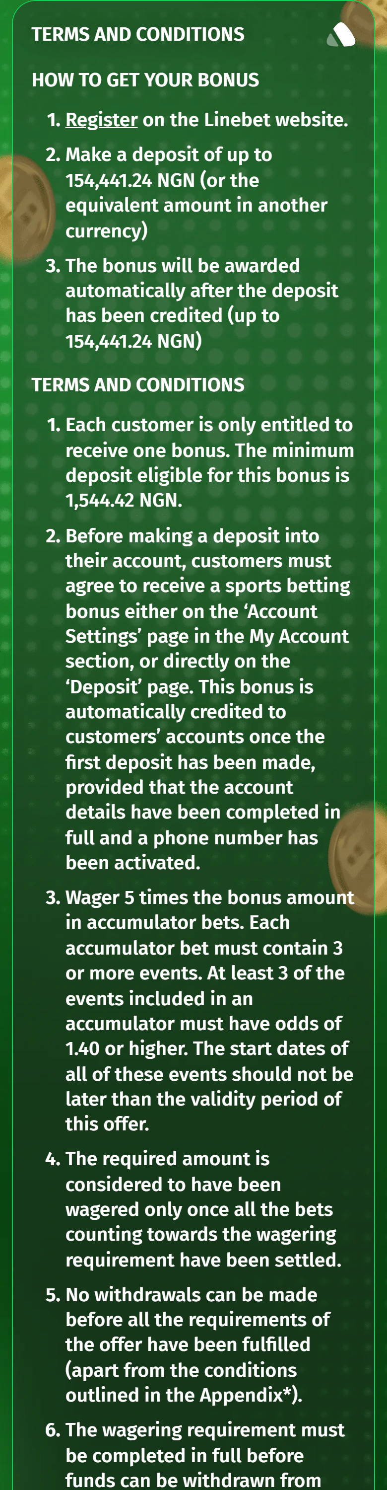 Screenshot of Linebet’s first-deposit bonus rules page