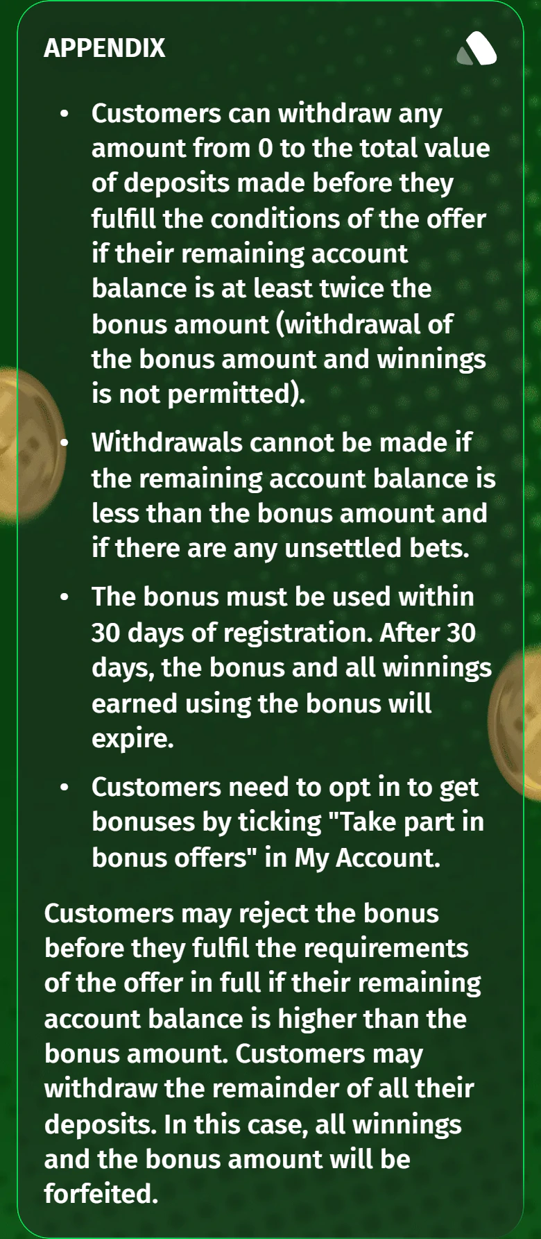 Screenshot of Linebet’s first-deposit bonus rules page, appendix