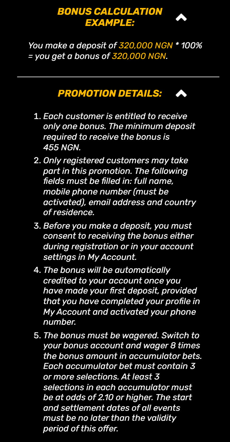 Screenshot of Melbet’s first-deposit bonus rules page, calculation example and promotion details