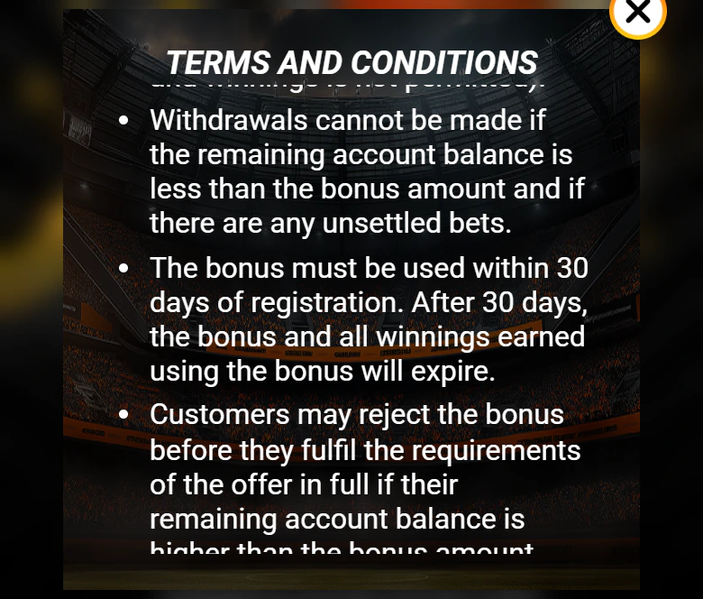 Screenshot of Melbet’s first-deposit bonus rules page, terms and conditions window