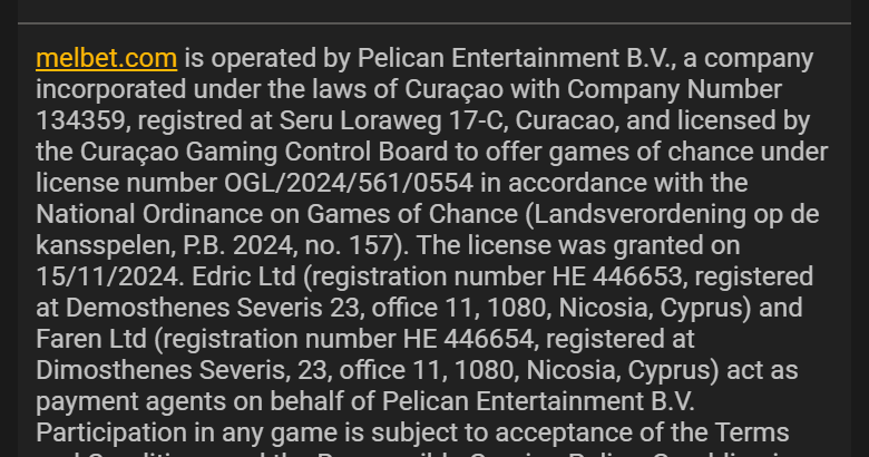 Screenshot of Melbet’s site footer