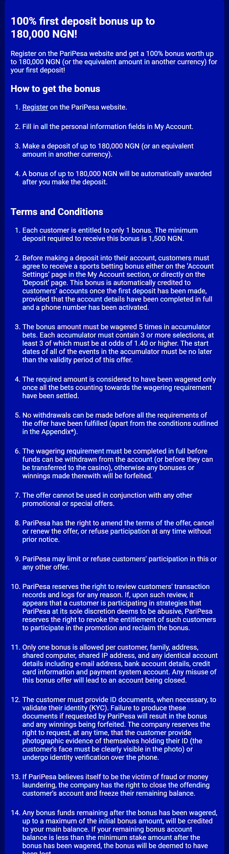 Screenshot of Paripesa’s first-deposit bonus rules page