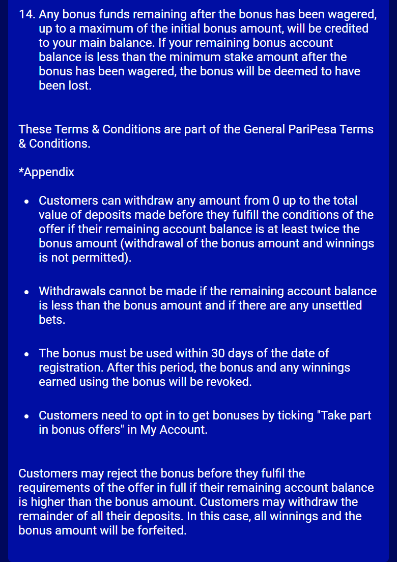 Screenshot of Paripesa’s first-deposit bonus rules page, appendix