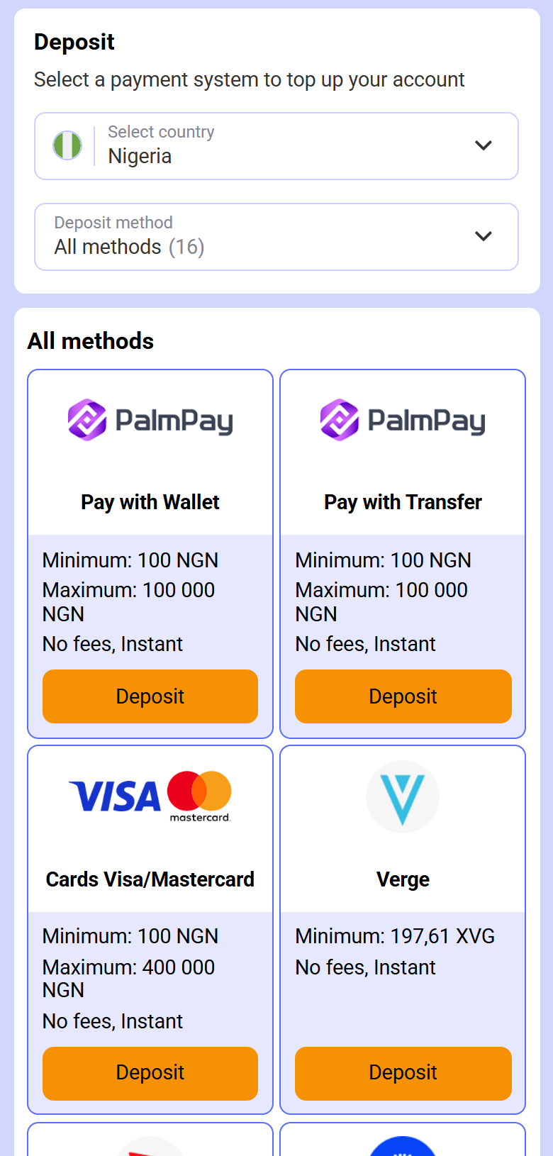 Screenshot of Paripesa’s payment methods page, deposit tab