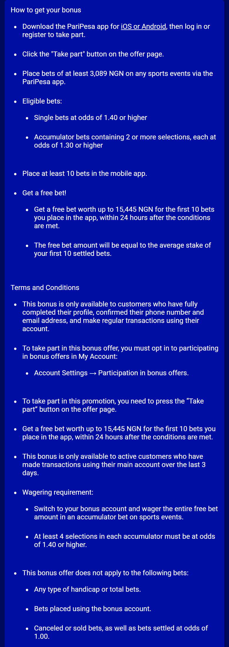 Screenshot of Paripesa’s app free bet rules page