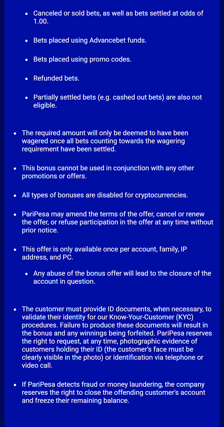 Screenshot of Paripesa’s app free bet rules page, excluded bets and ID conditions