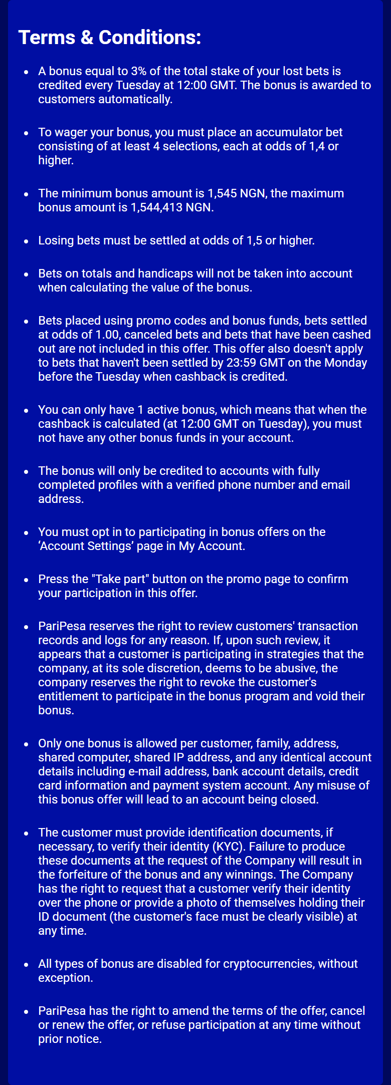 Screenshot of Paripesa’s weekly cashback rules page