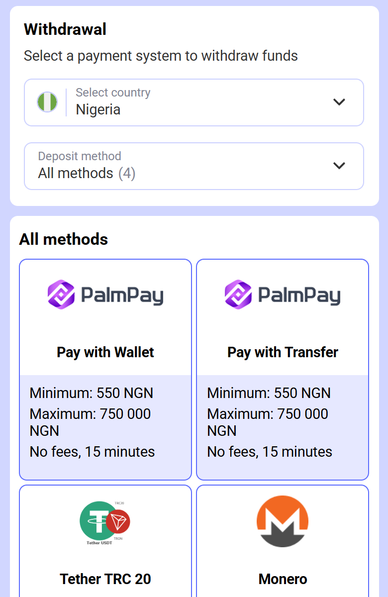 Screenshot of Paripesa’s payment methods page, withdrawal tab