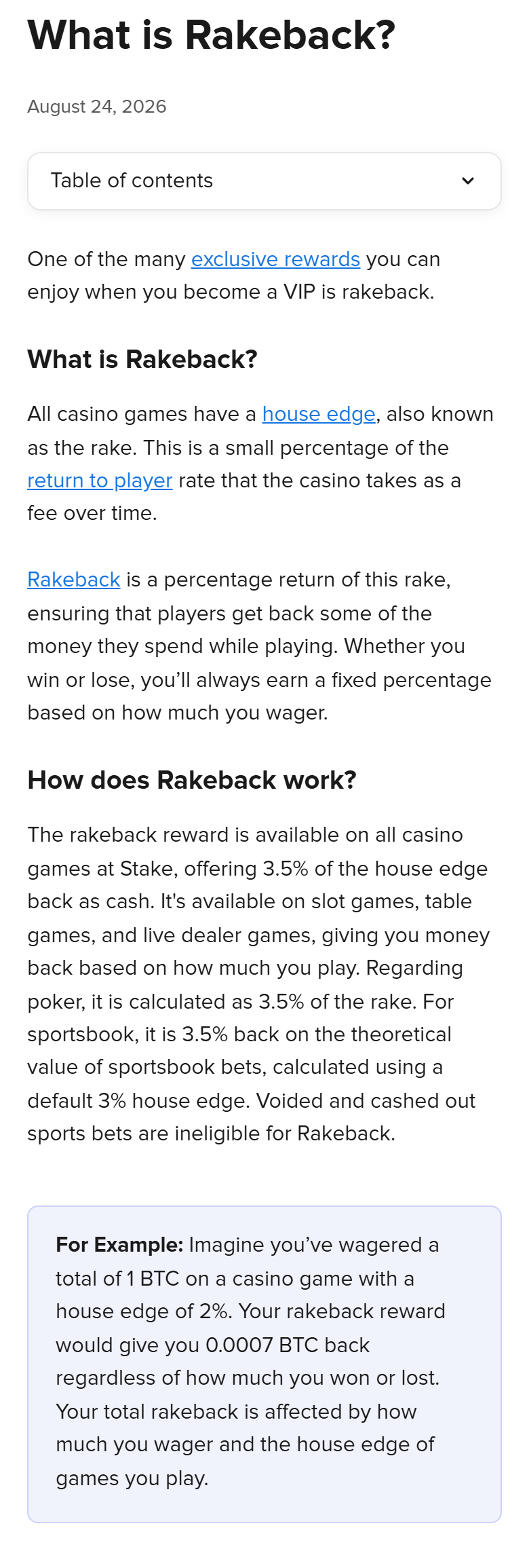 Screenshot of Stake’s help article on rakeback