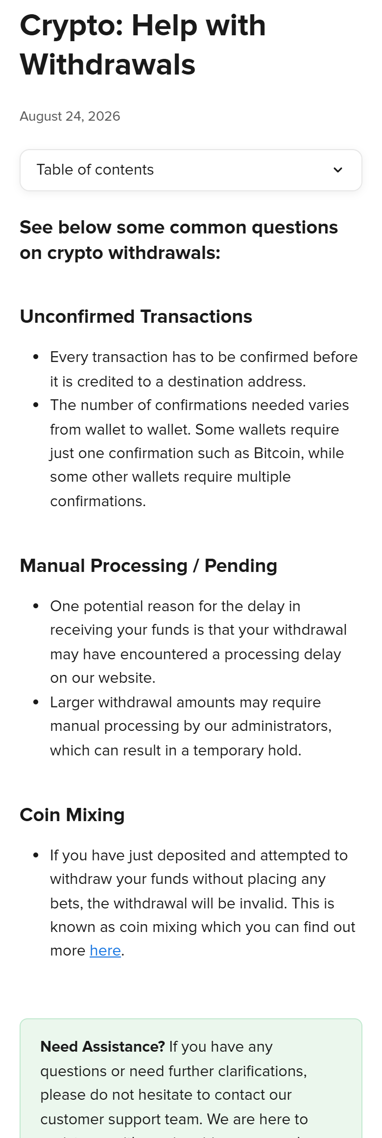 Screenshot of Stake’s help article on crypto withdrawals