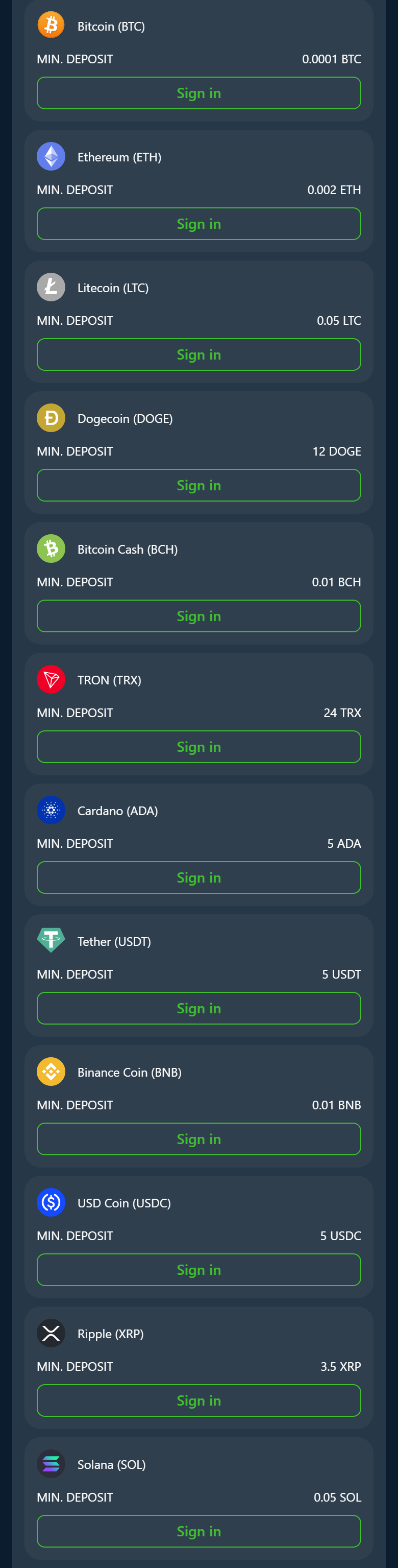 Screenshot of Wild.io’s payment methods page, minimum deposit by coin